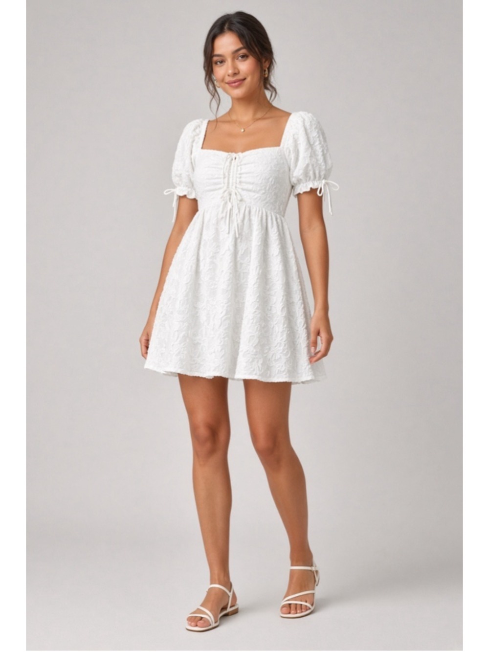 Lulus White Jacquard Puff Sleeve Ruched Babydoll Mini Dress Square Neck M